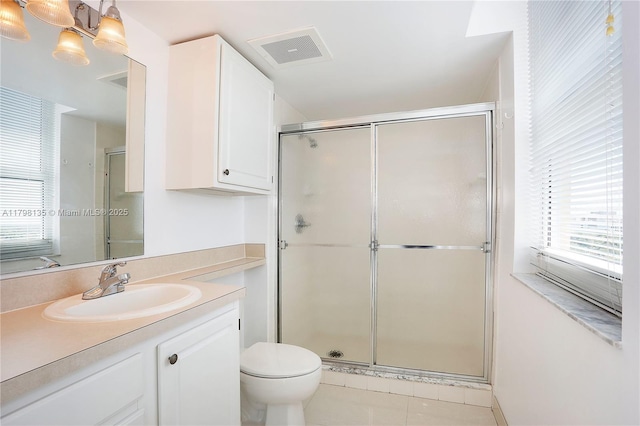 full bath with a shower stall, a wealth of natural light, and visible vents