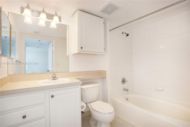 full bath featuring vanity, shower / tub combination, toilet, and visible vents
