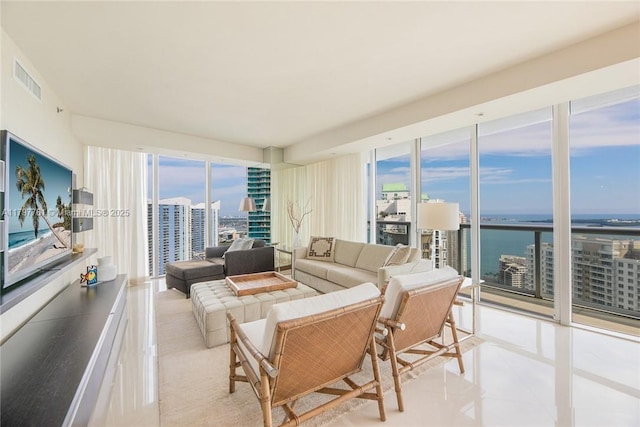 living room featuring a water view