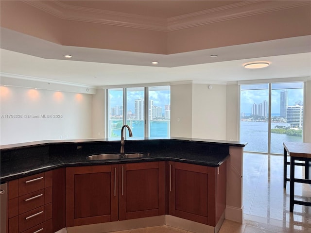 kitchen featuring a city view, a wealth of natural light, dark stone countertops, and a sink