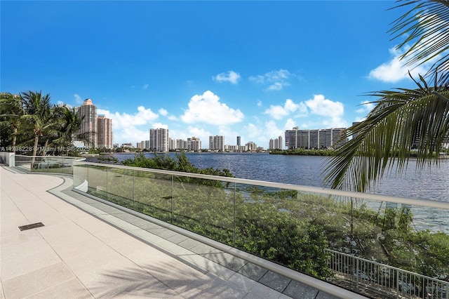 view of water feature with a city view