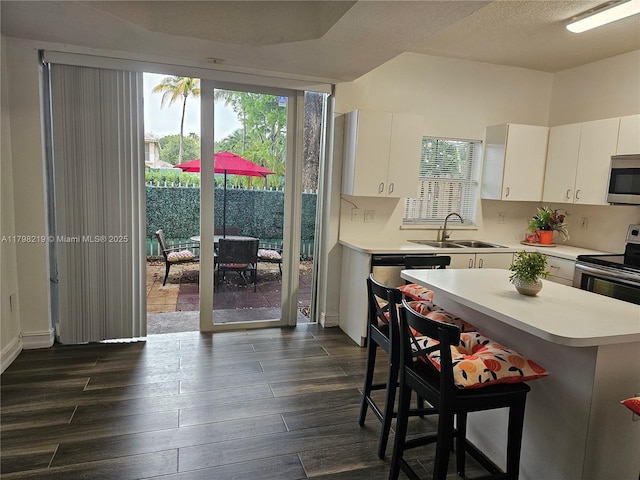 6101 NW 114th Ct Unit 124, Doral, FL 33178 - kitchen with stainless steel microwave, a sink, dark wood-style floors, light countertops, and a kitchen bar