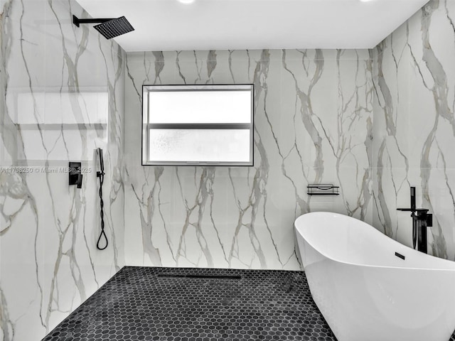 10273 SW 16th Ct, Pembroke Pines, FL 33025 - bathroom with a marble finish shower, a freestanding bath, tile walls, and recessed lighting