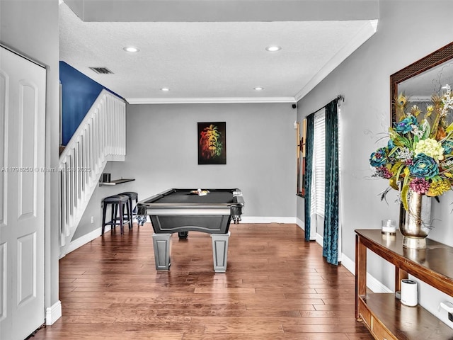 10273 SW 16th Ct, Pembroke Pines, FL 33025 - recreation room featuring billiards table, baseboards, ornamental molding, wood finished floors, and recessed lighting