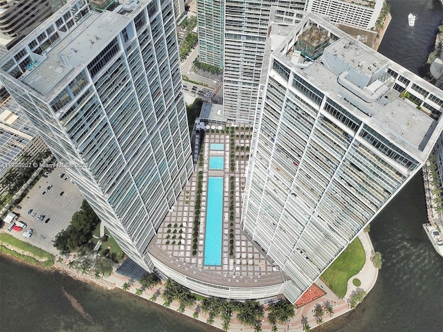 drone / aerial view of a pool area