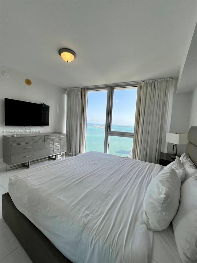 bedroom featuring a water view