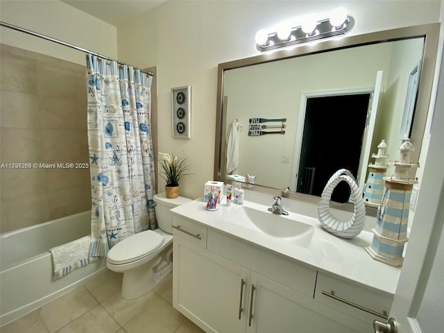 bathroom with tile patterned floors, toilet, shower / bath combination with curtain, and vanity