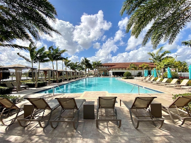 community pool with a patio