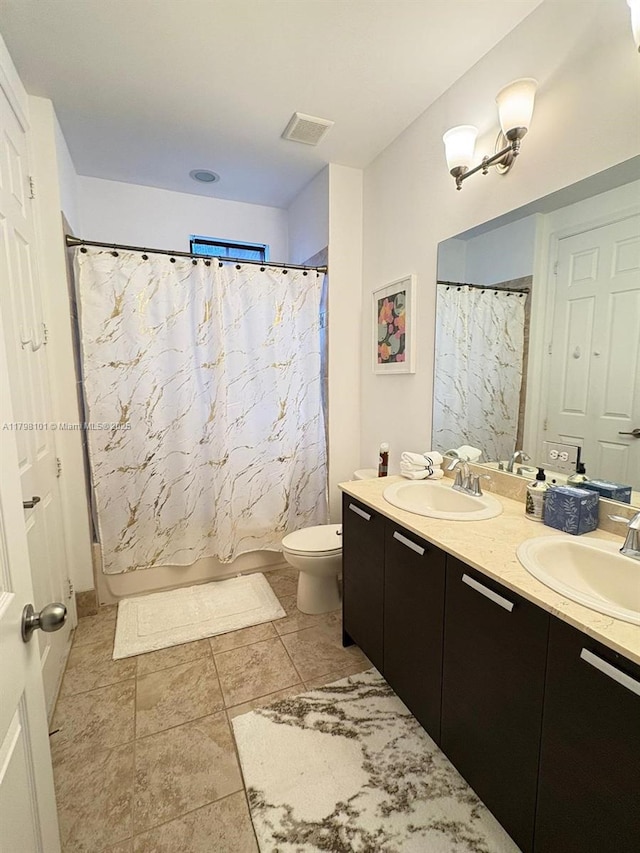 bathroom with double vanity, toilet, shower / bathtub combination with curtain, and tile patterned flooring