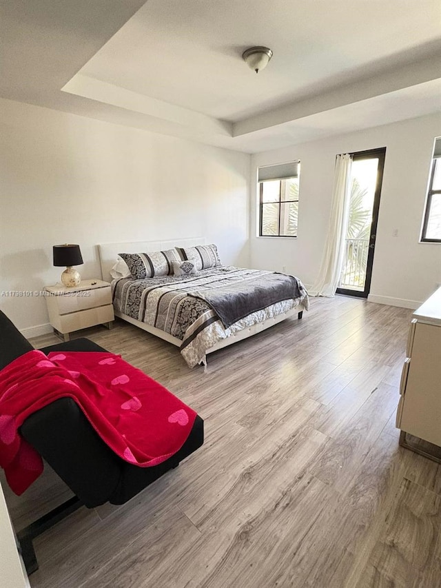 bedroom with wood finished floors, multiple windows, access to exterior, and baseboards