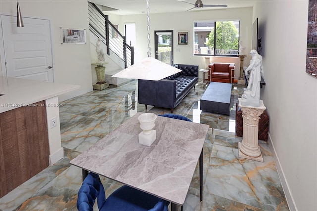 4962 NW 83rd Path Unit 4962, Doral, FL 33166 - living room featuring marble tiled floors, stairs, baseboards, and ceiling fan