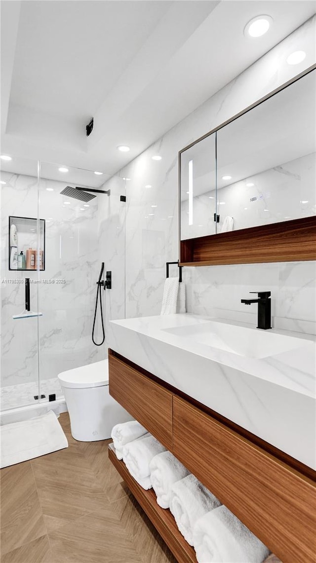 1980 S Ocean Dr Unit 19H, Hallandale Beach, FL 33009 - full bathroom featuring toilet, a marble finish shower, vanity, and recessed lighting
