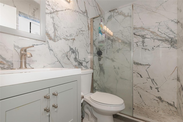 11733 NW 11th St, Pembroke Pines, FL 33026 - full bath featuring a marble finish shower, toilet, vanity, and tile walls