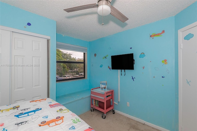 11733 NW 11th St, Pembroke Pines, FL 33026 - bedroom featuring a textured ceiling, a closet, carpet floors, and ceiling fan