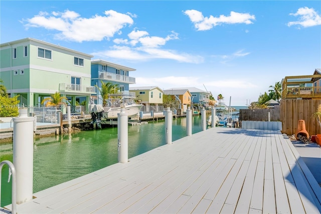 dock featuring a water view and a residential view