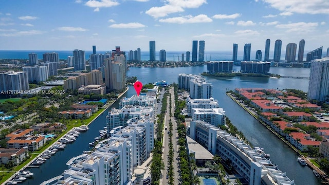 drone / aerial view of a view of skyline and a nearby body of water