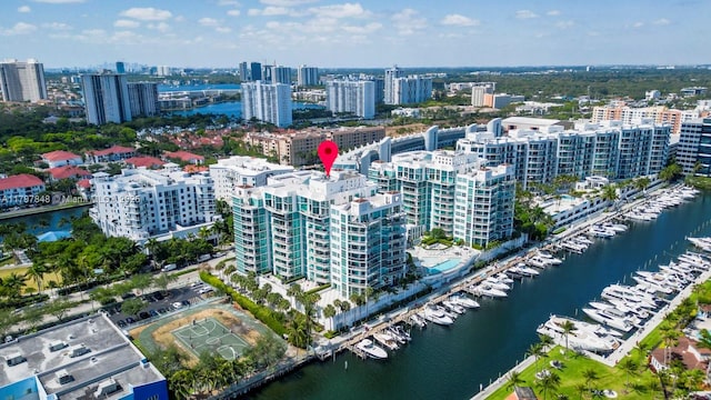 view of urban area with a nearby body of water and numerous boat docks