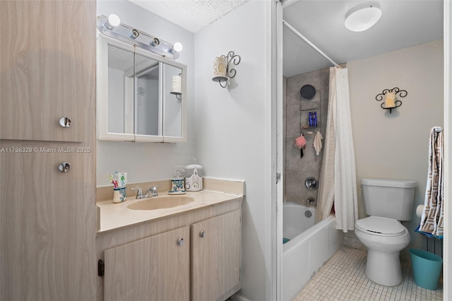 17021 N Bay Rd Unit 727, Sunny Isles Beach, FL 33160 - bathroom featuring toilet, tile patterned floors, shower / bathtub combination with curtain, vanity, and a textured ceiling