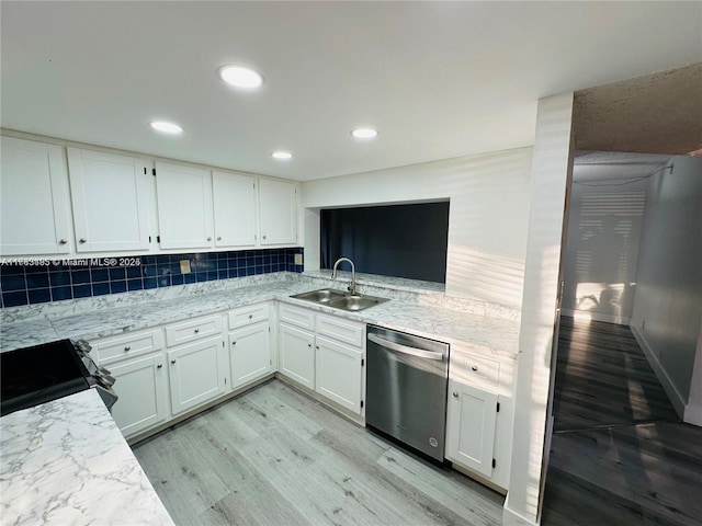kitchen with a sink, stainless steel dishwasher, stove, light wood finished floors, and white cabinetry