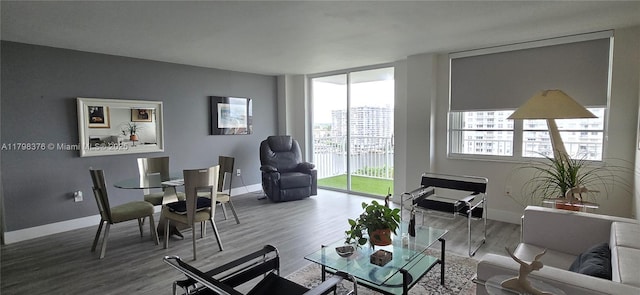 living room with wood finished floors, baseboards, and expansive windows