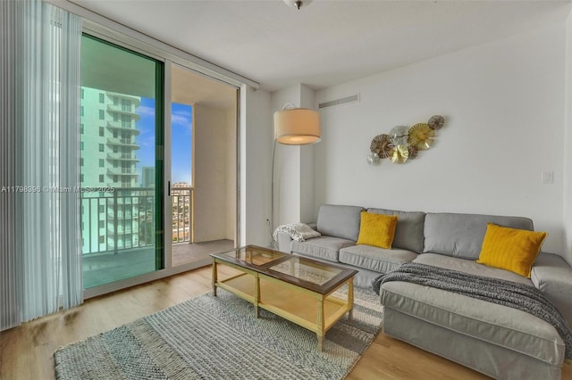 living room with healthy amount of natural light, floor to ceiling windows, and wood finished floors