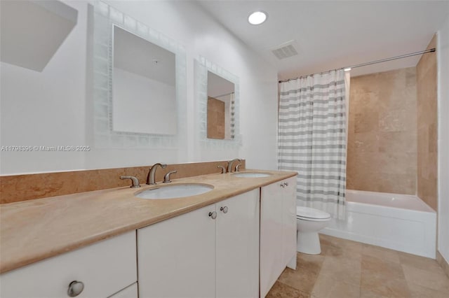 full bathroom featuring toilet, double vanity, and shower / bath combination with curtain