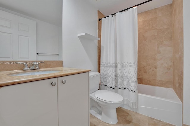 bathroom featuring toilet, vanity, tile patterned flooring, and shower / tub combo with curtain