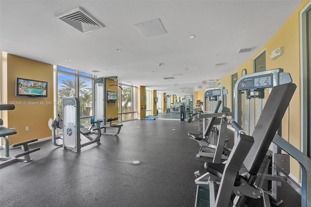 exercise room featuring a wall of windows