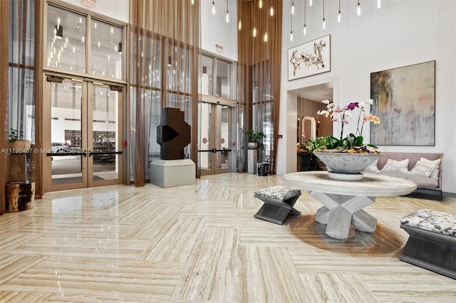lobby with a towering ceiling