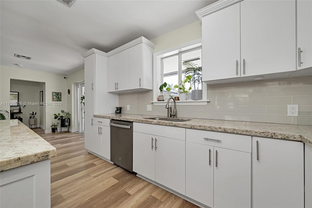 2221 N 46th Ave, Hollywood, FL 33021 - kitchen featuring dishwasher, a sink, light wood-type flooring, tasteful backsplash, and white cabinets