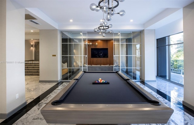 11 Island Ave Unit 512, Miami Beach, FL 33139 - recreation room featuring marble tiled flooring, baseboards, billiards, and recessed lighting