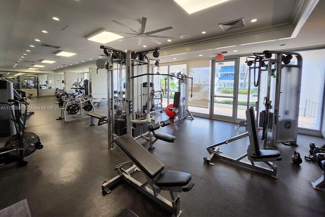 11 Island Ave Unit 512, Miami Beach, FL 33139 - exercise room with ceiling fan, ornamental molding, and recessed lighting