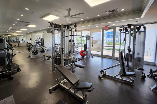 11 Island Ave Unit 512, Miami Beach, FL 33139 - gym with a ceiling fan, ornamental molding, and recessed lighting