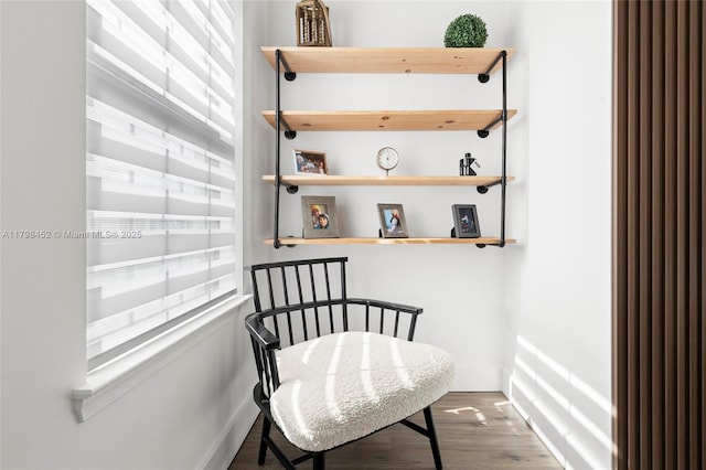 living area featuring wood finished floors and baseboards