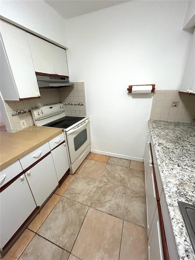 6211 NW 37th Ter, Virginia Gardens, FL 33166 - kitchen featuring white electric stove, under cabinet range hood, decorative backsplash, and light countertops