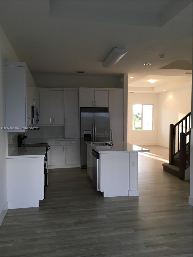 17545 SW 150th Ct, Miami, FL 33187 - kitchen featuring stainless steel appliances, a sink, dark wood-style floors, an island with sink, and a tray ceiling