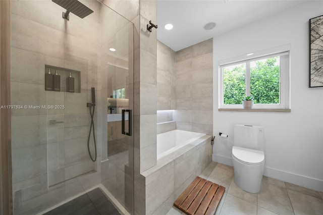 270 NE 104th St, Miami Shores, FL 33138 - full bath featuring a stall shower, a bath, tile patterned floors, toilet, and baseboards