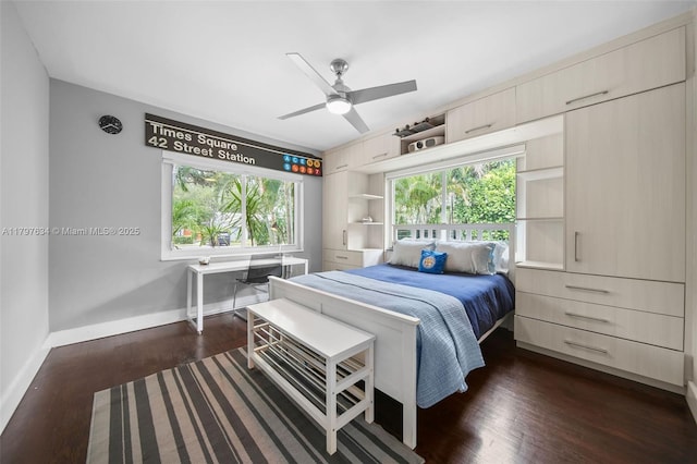 270 NE 104th St, Miami Shores, FL 33138 - bedroom featuring dark wood-style floors, baseboards, and ceiling fan