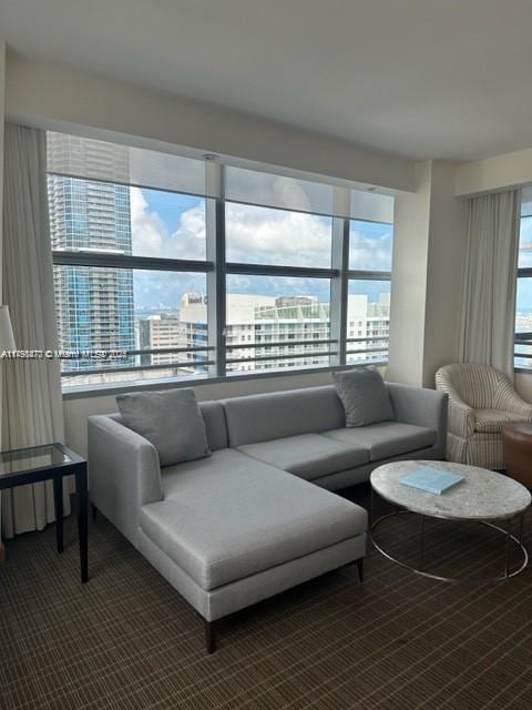 living area with dark carpet and a view of city