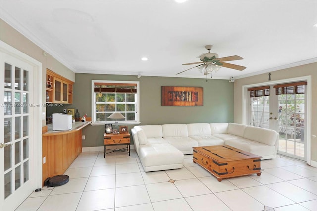 15007 SW 141st Pl, Miami, FL 33186 - living room with french doors, crown molding, a ceiling fan, light tile patterned floors, and baseboards
