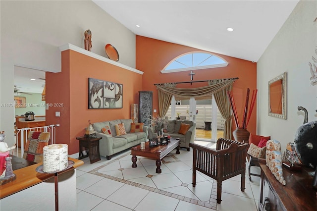15007 SW 141st Pl, Miami, FL 33186 - living room with light tile patterned flooring, high vaulted ceiling, and recessed lighting