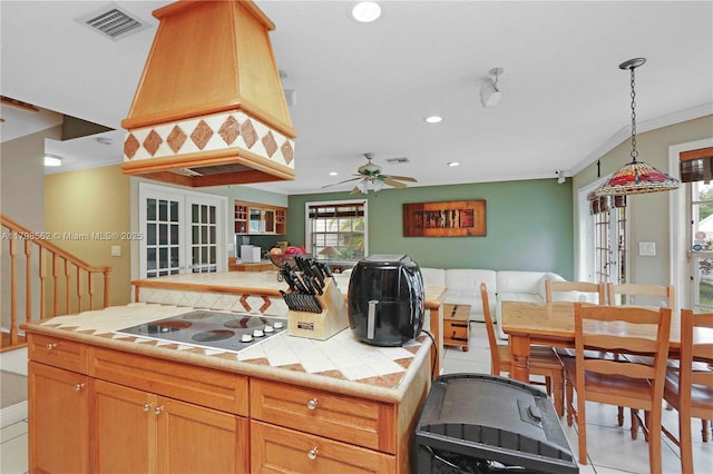 15007 SW 141st Pl, Miami, FL 33186 - kitchen with french doors, electric cooktop, tile counters, a ceiling fan, and recessed lighting