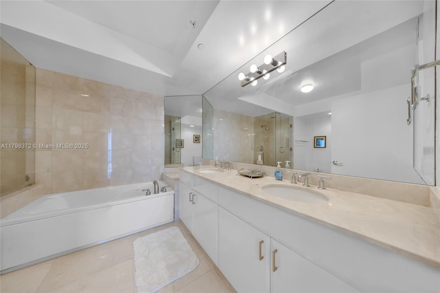 6365 Collins Ave Unit 3202, Miami Beach, FL 33141 - full bath featuring a bath, tile patterned floors, a stall shower, double vanity, and lofted ceiling