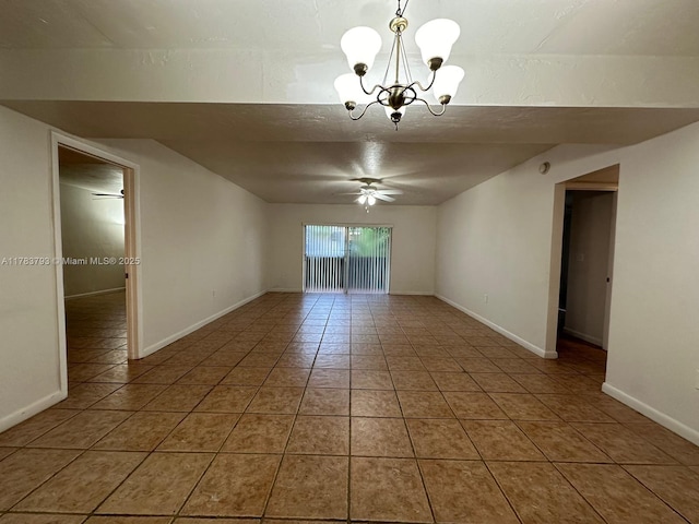 8335 SW 72nd Ave Unit 202D, Miami, FL 33143 - spare room featuring light tile patterned floors, a chandelier, a ceiling fan, and baseboards