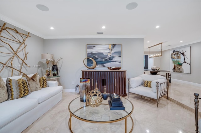 10921 SW 102nd Ct, Miami, FL 33176 - living room with ornamental molding, recessed lighting, and baseboards
