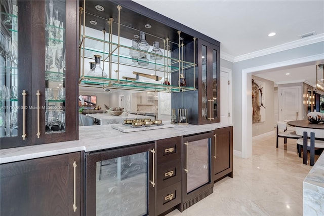 10921 SW 102nd Ct, Miami, FL 33176 - indoor bar with beverage cooler, ornamental molding, baseboards, recessed lighting, and light marble finish flooring
