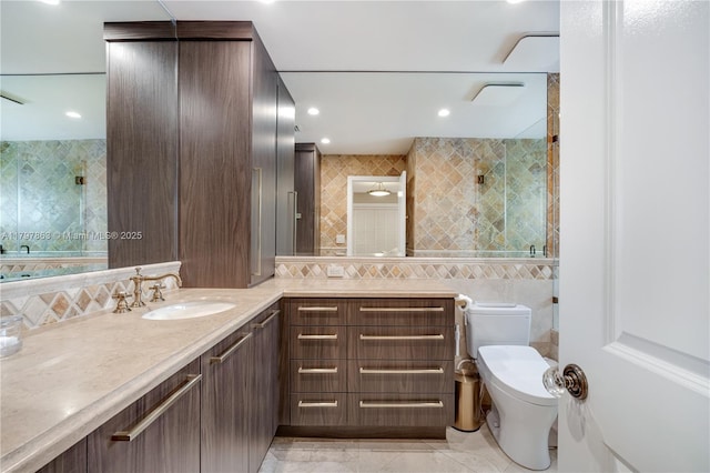 10921 SW 102nd Ct, Miami, FL 33176 - full bath featuring tile walls, vanity, toilet, a shower, and recessed lighting