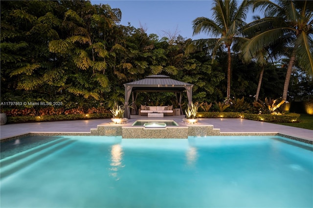 10921 SW 102nd Ct, Miami, FL 33176 - outdoor pool with an outdoor living space, an in-ground hot tub, a patio area, and a gazebo