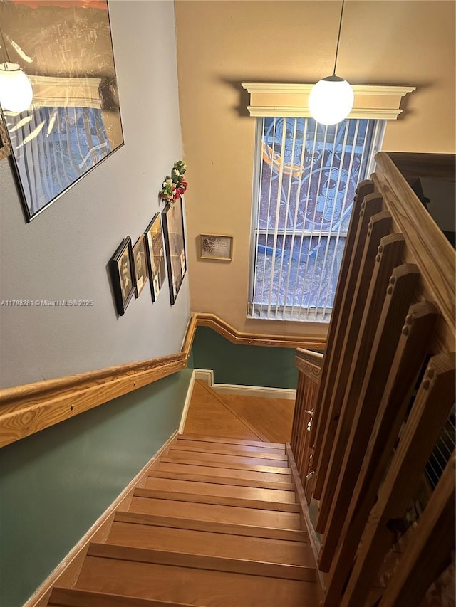 staircase with hardwood / wood-style floors and baseboards