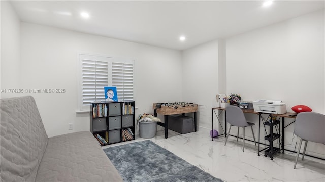 office with marble finish flooring and recessed lighting